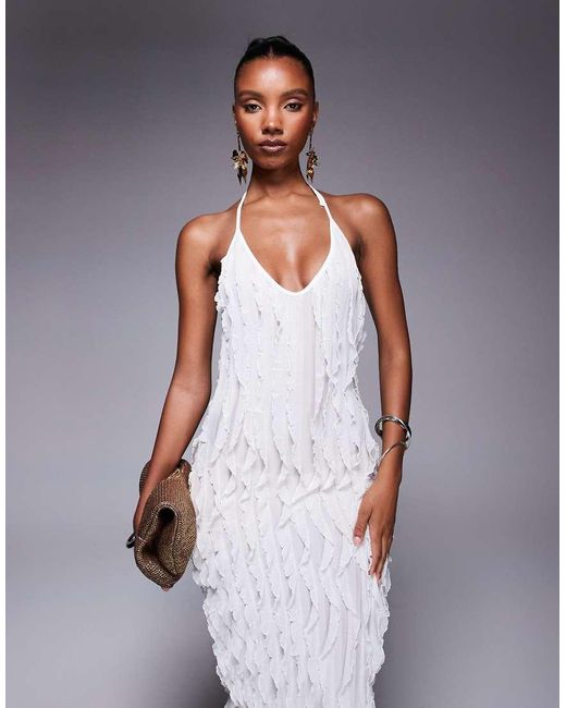 Public Desire Ruffle Detail Halter Neck Maxi Dress Cream in White | Lyst UK