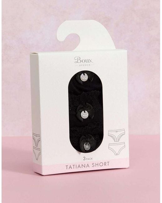 Boux Avenue Black 3 Pack Tatiana Plain Shorts Floral Lace Trim Underwear