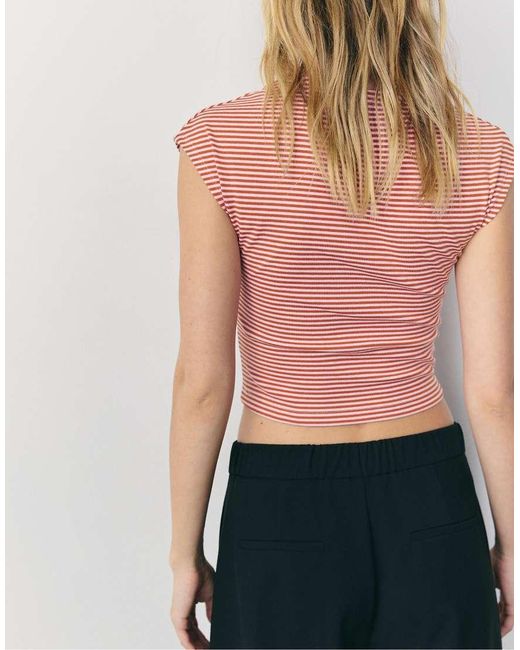 Stradivarius Pink Basic Striped Mini Sleeve T-shirt
