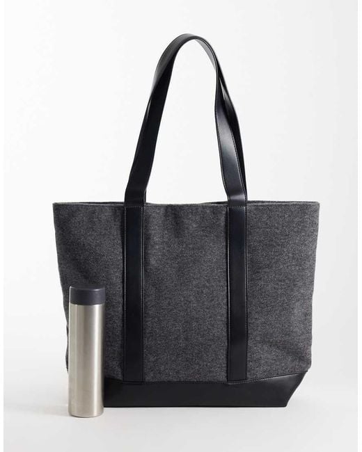 ASOS Black Felt Tote Bag With Faux Leather Straps for men