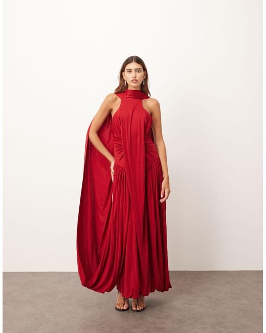 ARRANGE Scarf Neck Draped Hem Open Back Maxi Dress in Red | Lyst
