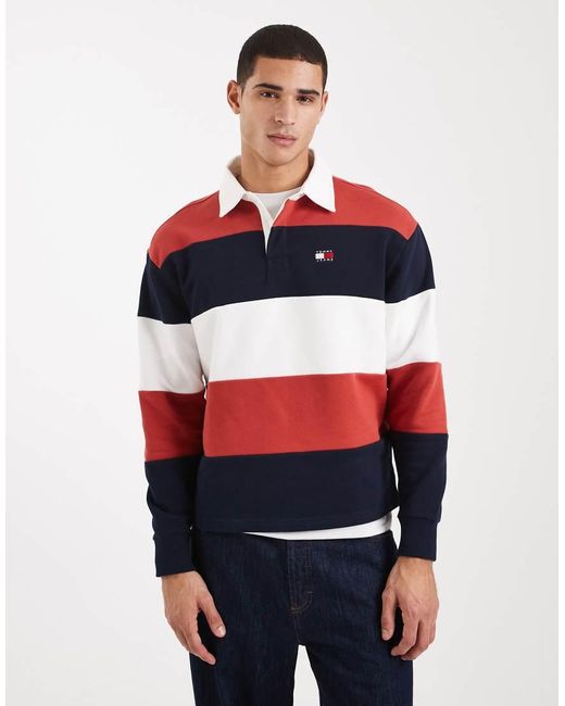Maglione Stile Rugby Comodo Rosso, E Bianco A Righe Con Logo A Bandiera di Tommy Hilfiger in Red da Uomo
