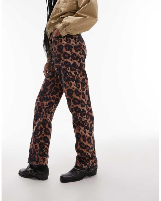Pantalones Multicolores De Pernera Recta Y Talle Alto Con Estampado Animal De TOPSHOP de color Natural