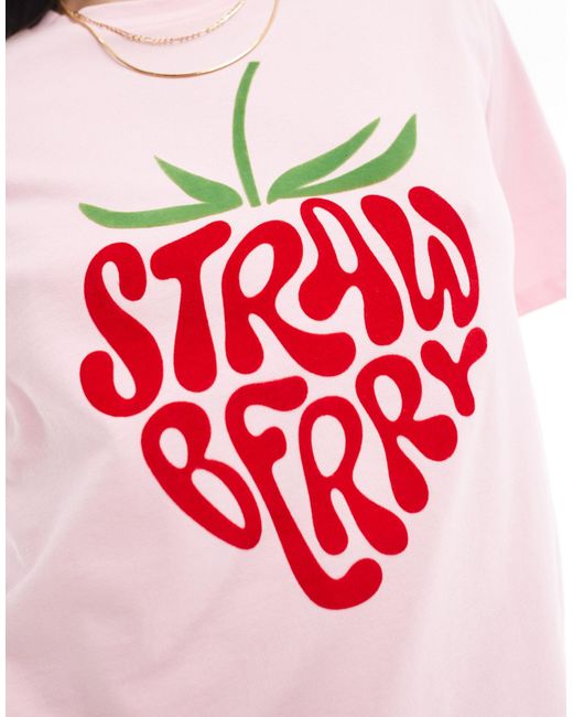 Pieces Pink Felt 'strawberry' Print Oversized T-shirt