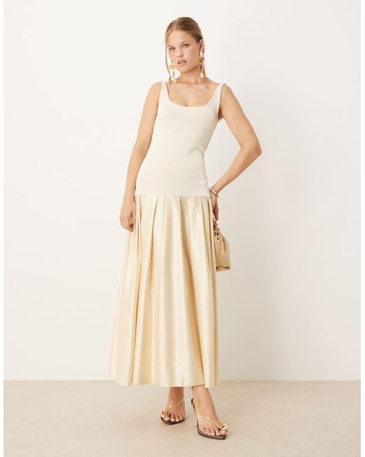 ASOS Natural Scoop Neck Drop Waist Midi Dress With Satin Skirt