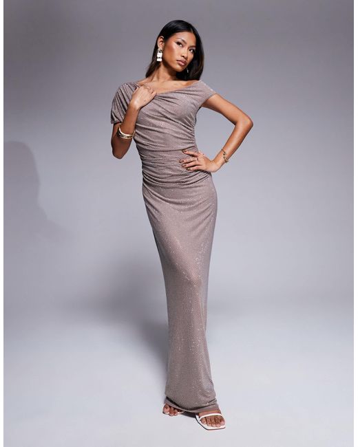Off-Shoulder Ruched High-Slit Maxi Dress - Gray main image 0