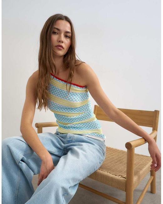 TOPSHOP Blue Knitted Asymmetric One Shoulder Colour Pop Top