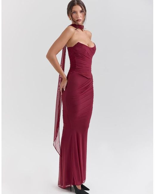 House Of Cb Red Cassidy Fluted Hem Mesh Maxi Skirt