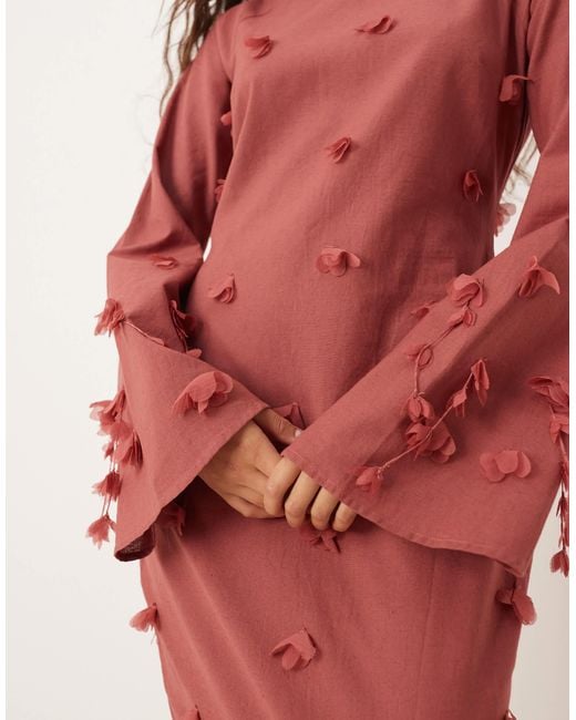 ASOS Red Fluted Sleeve Maxi Dress With Trailing Flowers