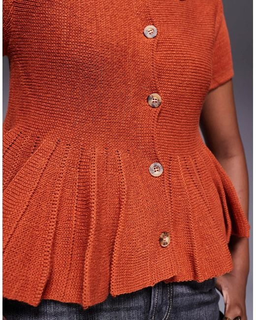 ASOS Orange Crew Neck Short Sleeve Cardigan With Peplum Frill Hem