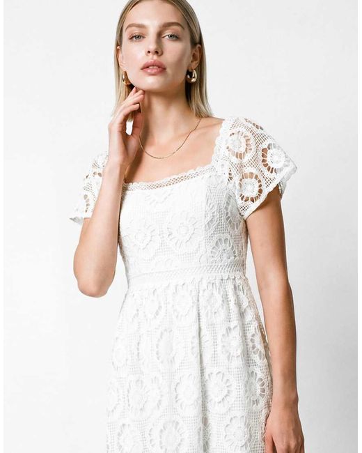 Lovedrobe White Floral Lace Square Neck Short Sleeve Midaxi Dress