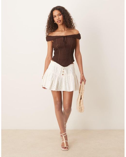 ASOS Brown Texture Off The Shoulder Short Sleeve Top With Tie Detail
