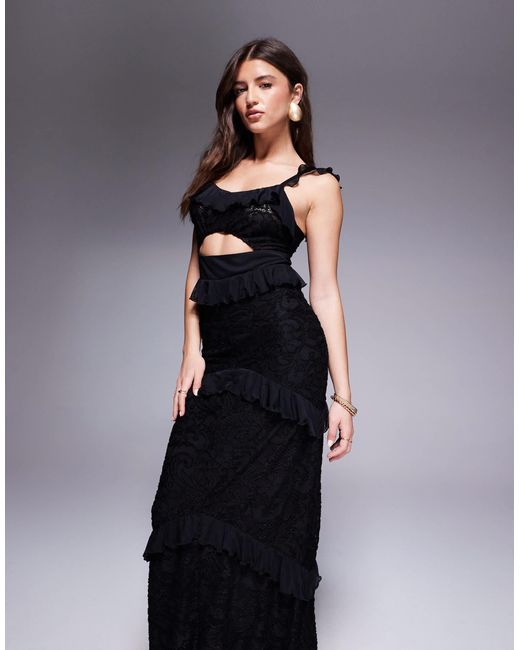 ASOS Black – gestuftes maxikleid aus spitze und netzstoff