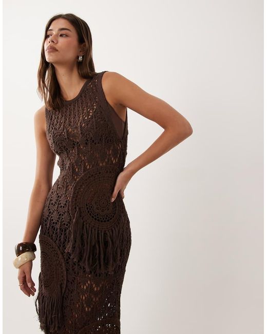 ASOS Brown Crochet Patchwork Open Stitch Maxi Dress With Fringing