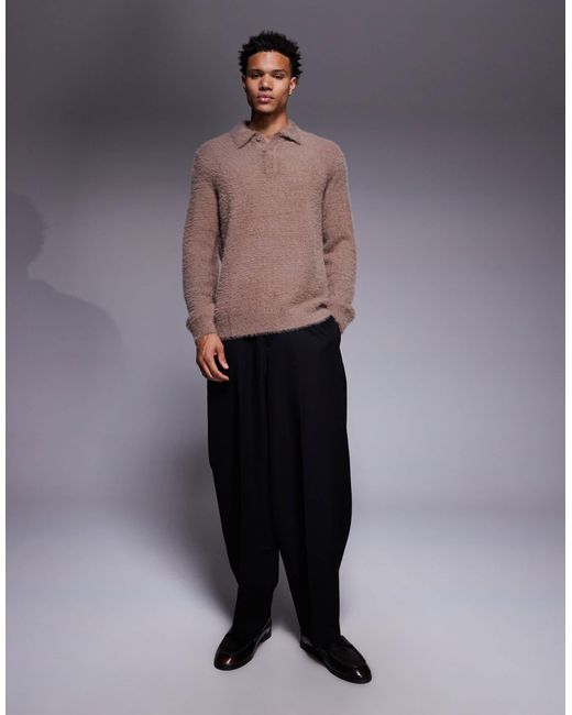 Pull en maille duveteuse à col polo - marron ASOS pour homme en coloris Gray