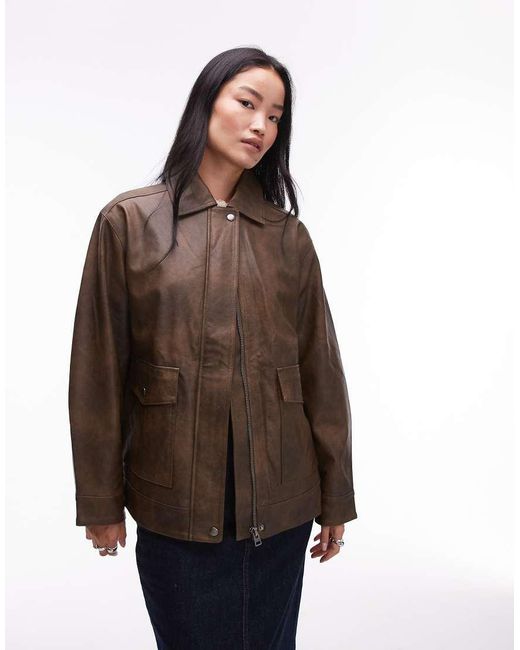 TOPSHOP Brown Faux Leather Zip Through 90s Jacket With Patch Pockets