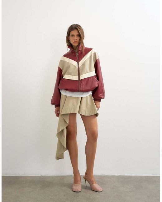 TOPSHOP Red Colour Block Leather Look Track Jacket