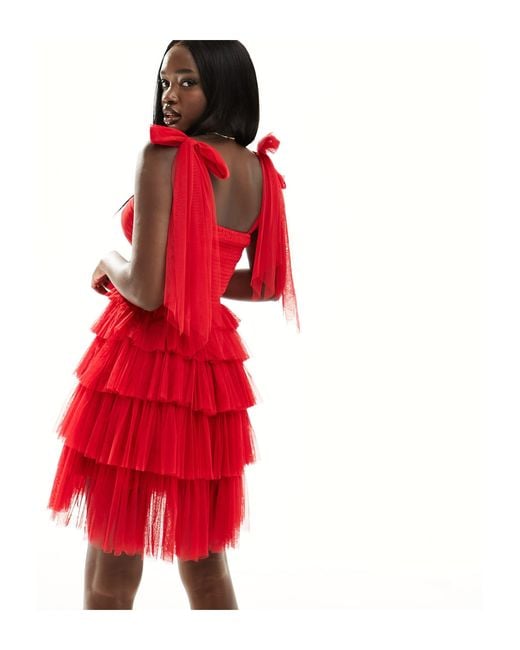 LACE & BEADS Red Bow Shoulder Tulle Ruffle Mini Dress