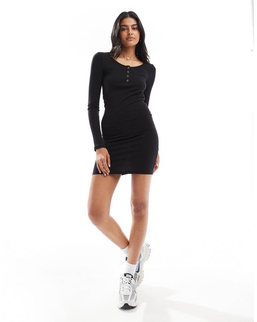 Pieces Black Button Front Long Sleeved Ribbed Mini Dress