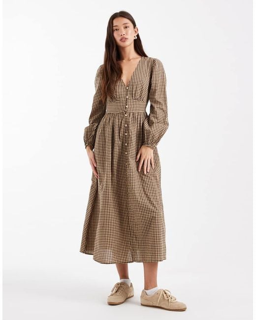 New Look Check Tea Midi Dress in Natural | Lyst UK