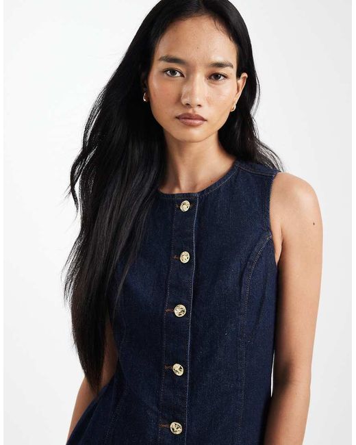 New Look Blue Denim Cinched Button Through Mini Dress
