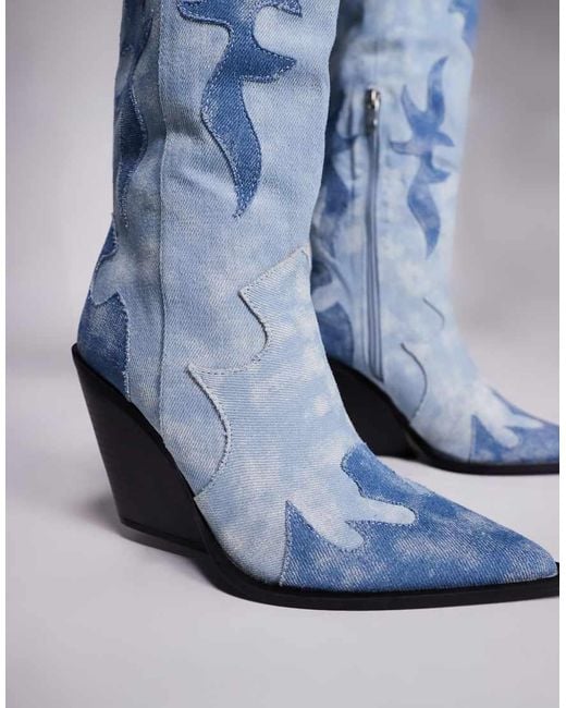 Public Desire Blue Underwood Western Cowboy Block Heel Knee High Boots