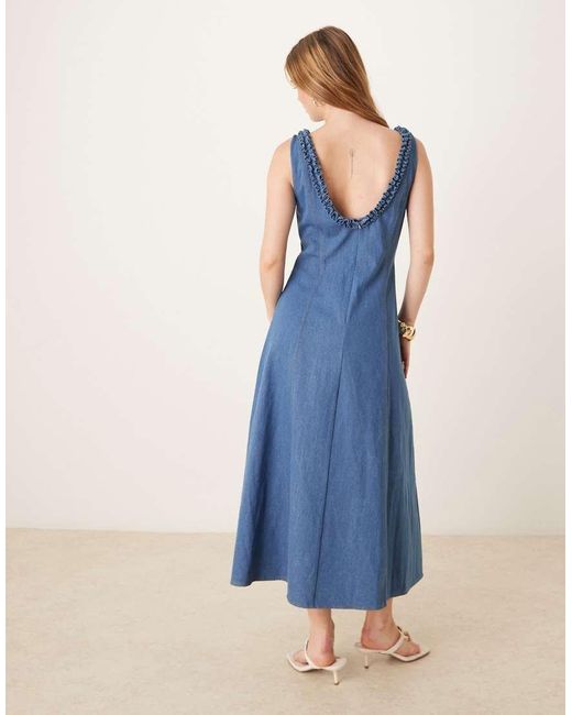 Ghospell Blue Denim Ruffle Midaxi Dress