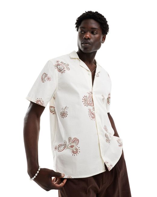 Hollister White Short Sleeve Revere Collar Print Poplin Shirt Boxy Fit for men