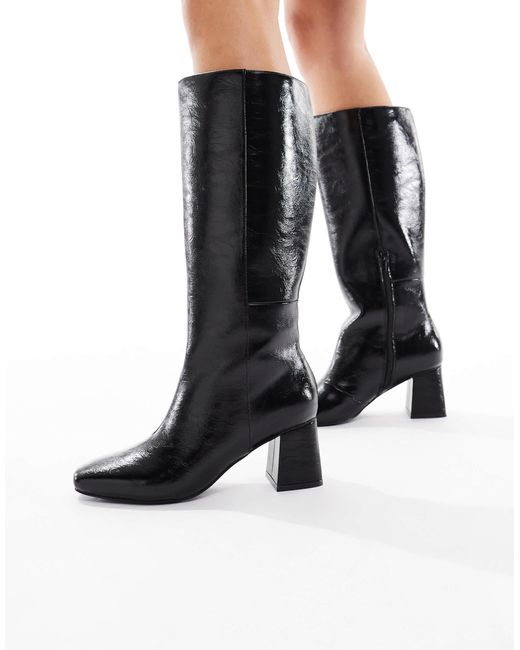London Rebel Black Nova Block Heeled Knee Boots