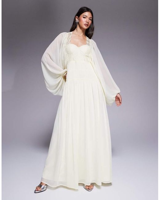 ASOS Yellow Lace Trim Long Sleeve Corset Detail Maxi Dress