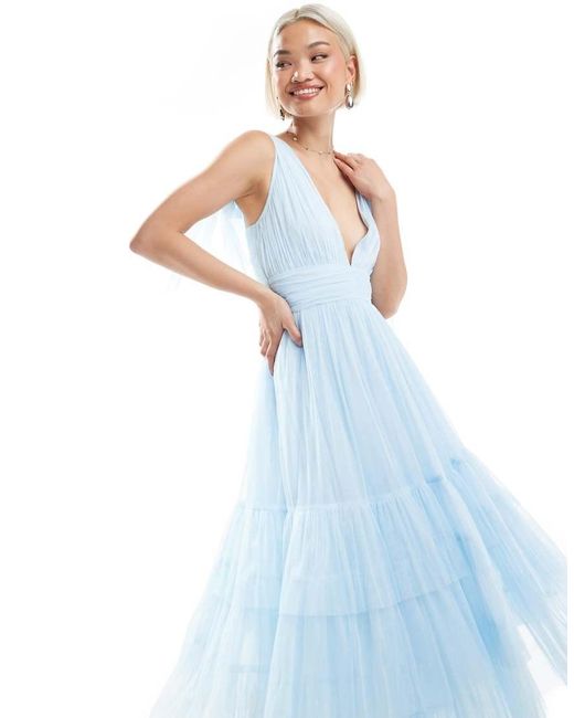 LACE & BEADS Blue Bridesmaid Bow Shoulder Tiered Midi Dress