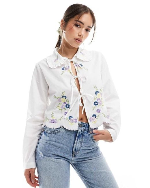 Object White Tie Front Shirt With Floral Embroidery
