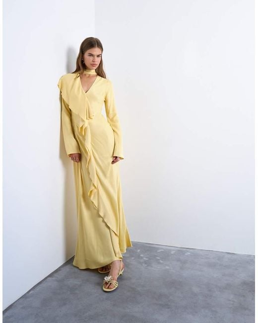 TOPSHOP White Long Sleeve Ruffle Maxi Dress With Scarf Wrap Detail