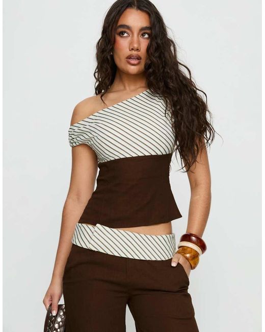 Princess Polly Brown Past Line Asymmetric Shoulder Contrast Stripe Top