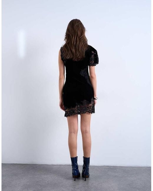 TOPSHOP Black Lace Insert Grown On Shoulder Velvet Mini Dress