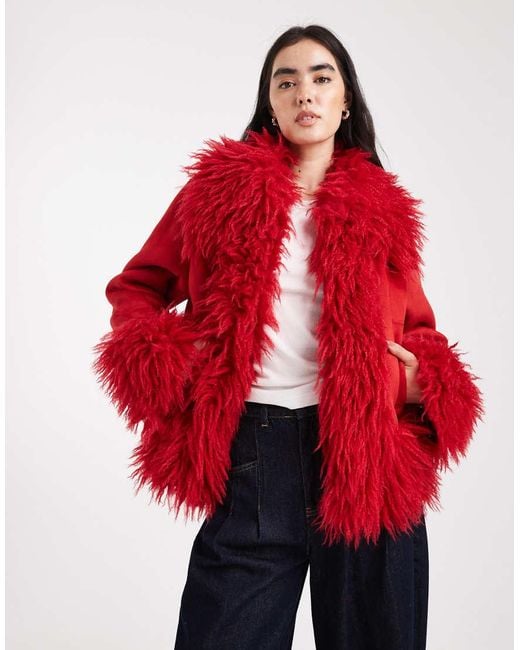 ASOS Red Penny Lane Faux Fur Trim Coat