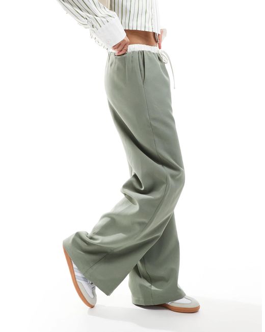 Kaiia Green Exclusive Drawstring Contrast Waist Wide Leg Trousers