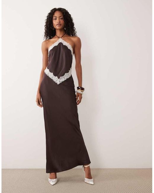 Forever New Brown Halter Neck Maxi Dress With Lace Trim