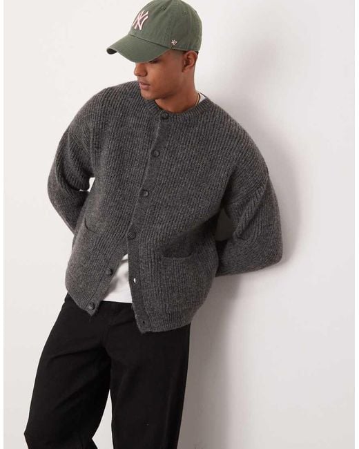 ASOS Gray Relaxed Boxy Fit Heavyweight Knitted Wool Mix Crew Neck Cardigan for men