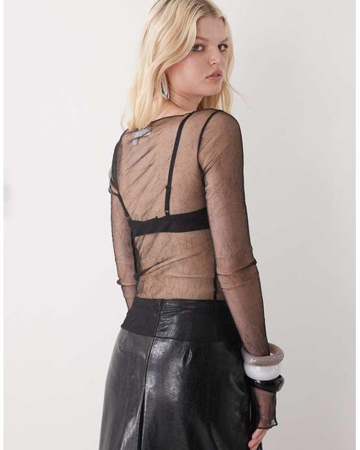Weekday Black Sheer Mesh Slash Neck Long Sleeve Top