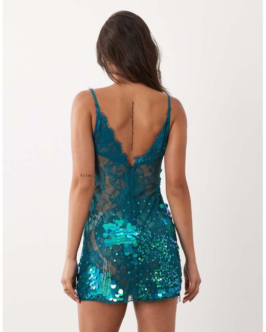 ASOS Blue Sheer Lace Cami Mini Dress With Placement Embellishment
