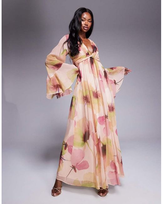 ASOS Multicolor Fluted Sleeve Twist Front Maxi With Plunge Neckline