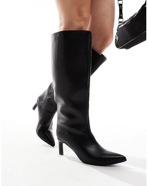 SEQWL Wide Fit Black Knee High Kitten Heel Boots