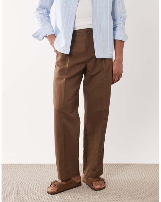 ASOS Natural Pleated Linen Rich Wide Leg Dress Pants for men
