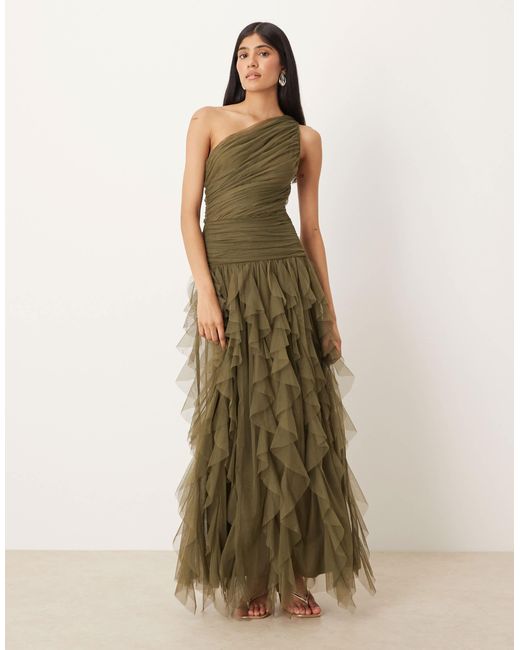 LACE & BEADS Green Bridesmaid One Shoulder Waterfall Ruffle Maxi Dress