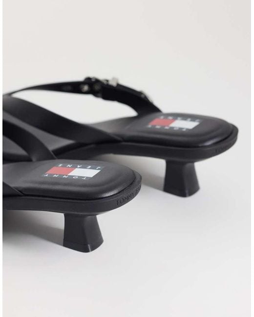 Tommy Hilfiger Black Premium Leather Kitten Heel Sandals
