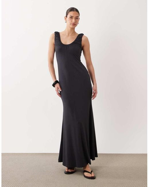 ASOS Black Ruched Scoop Neck Midi Dress
