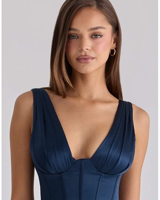 House Of Cb Blue Angeline Satin Corset Maxi Dress