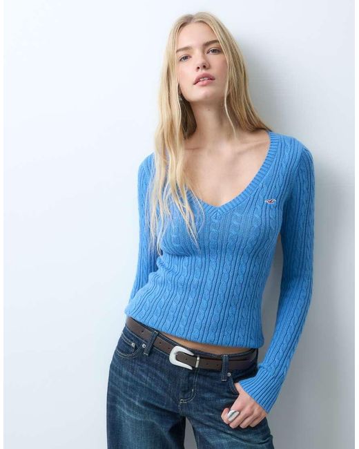 Hollister Blue Fitted Cable Knit V Neck Jumper