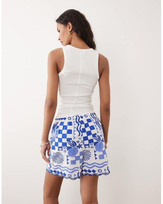 New Look Blue Shell Print Scallop Hem Short